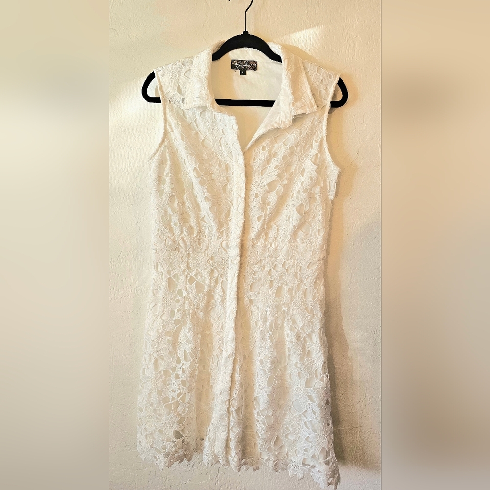 J Glee White Collared Button Down Front Lace Dress Size L